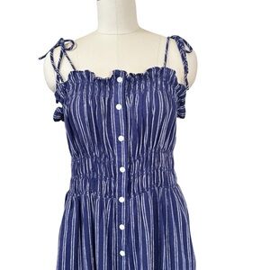 Universal Thread Navy Button Front Midi Dress Linen Tie Strap Smocked Medium
